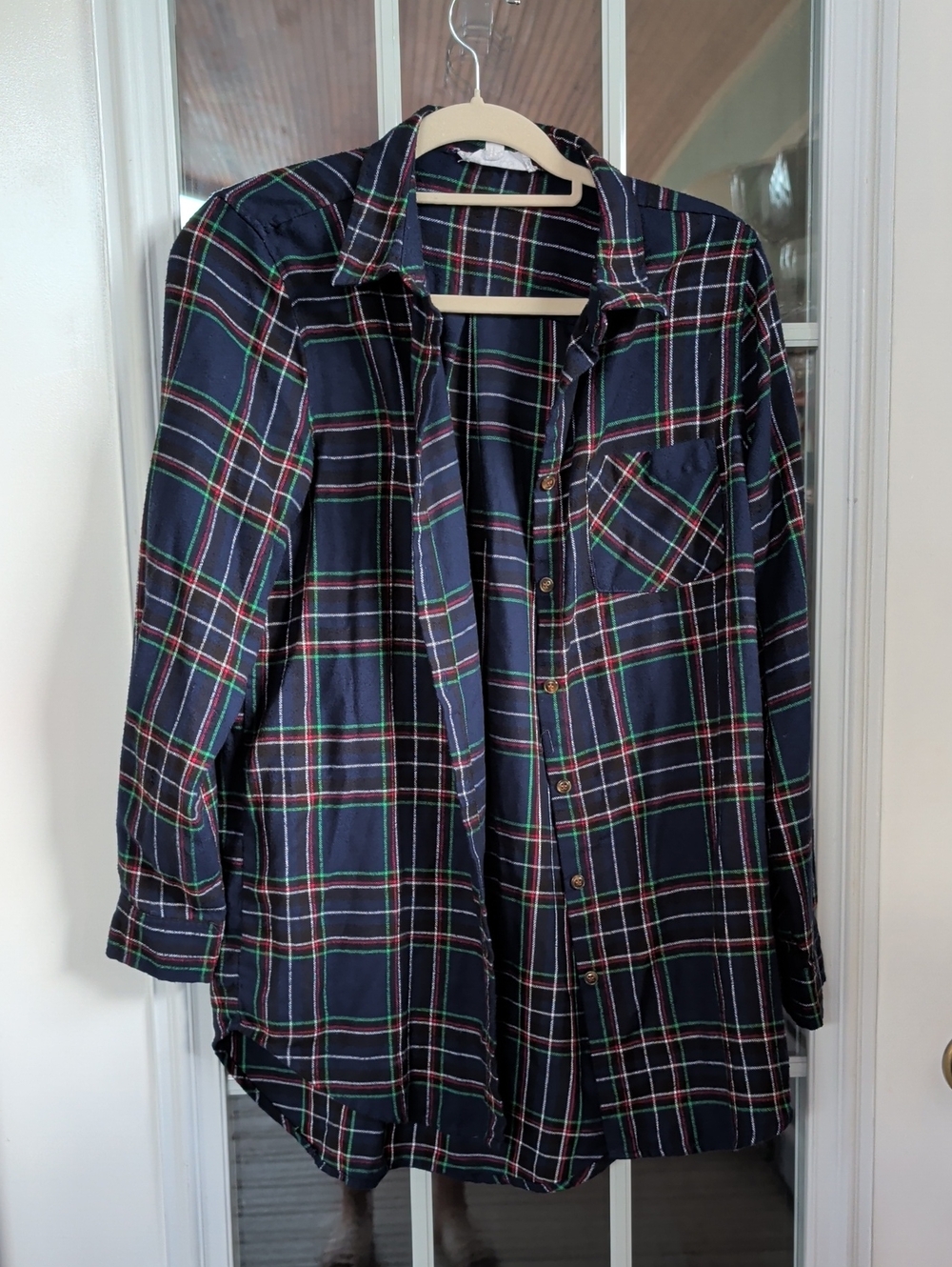 Hippie Rose Navy Plaid Shirt with Red and Green Accents Size Small
